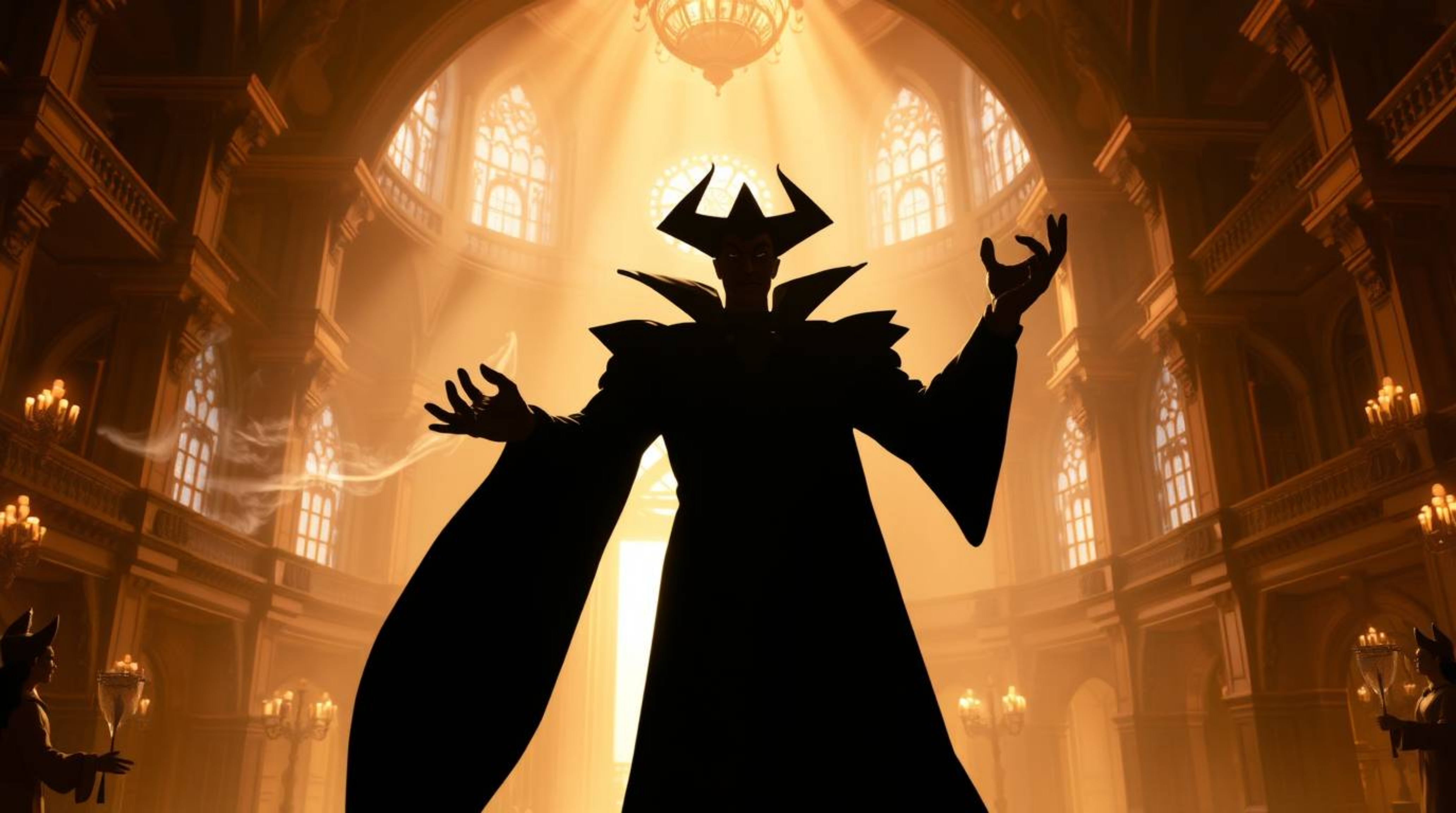 A captivating image depicting a classic Disney villain casting a powerful spell within a grand, futuristic castle. Bathed in