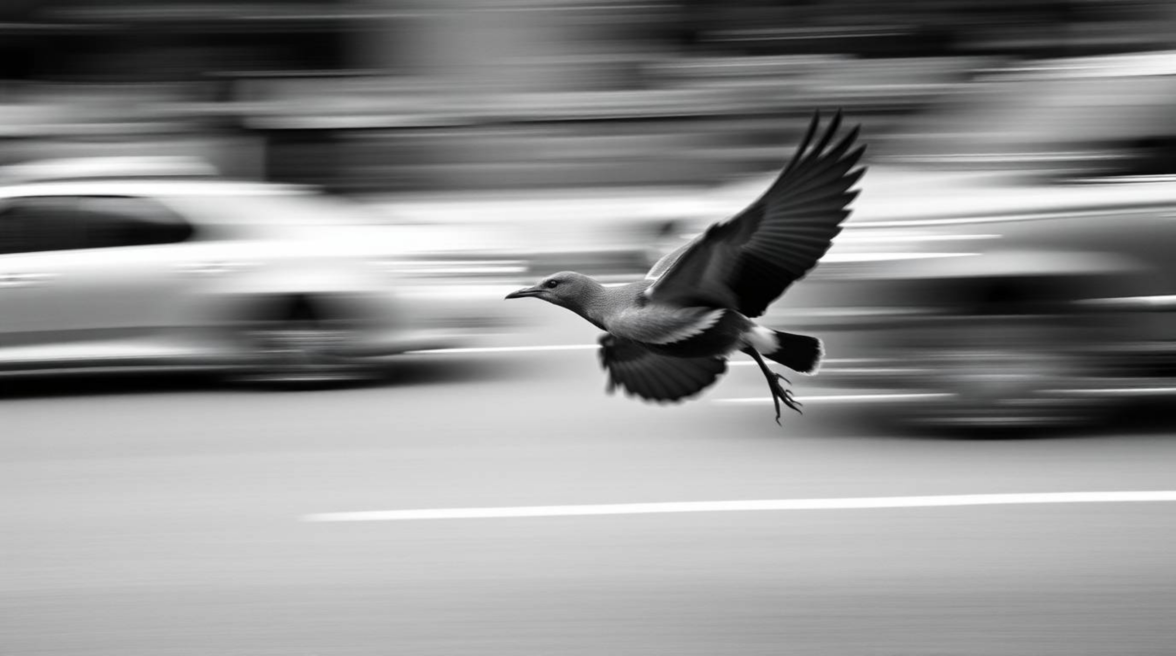 A timeless black and white photograph capturing the dynamism of a fast-running bird speeding past city traffic.  The image fe