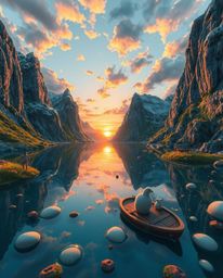 A dreamlike and surreal image depicts an adorable and cute glassy fjord reflecting a sunset. This artwork is filled with fant