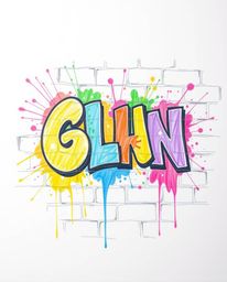 This image showcases a hand-drawn sketch of graffiti-style colorful splashes on a brick wall, creating a vibrant and lively s