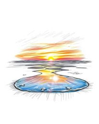 A hand-drawn sketch captures a sunset sky mirrored in tidal pools on a beach, brought to life by a bright lens flare and dram
