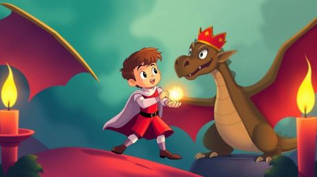A charming prince battles a dragon in this stunning 1950s animation-style scene, masterfully employing a cool and warm color 