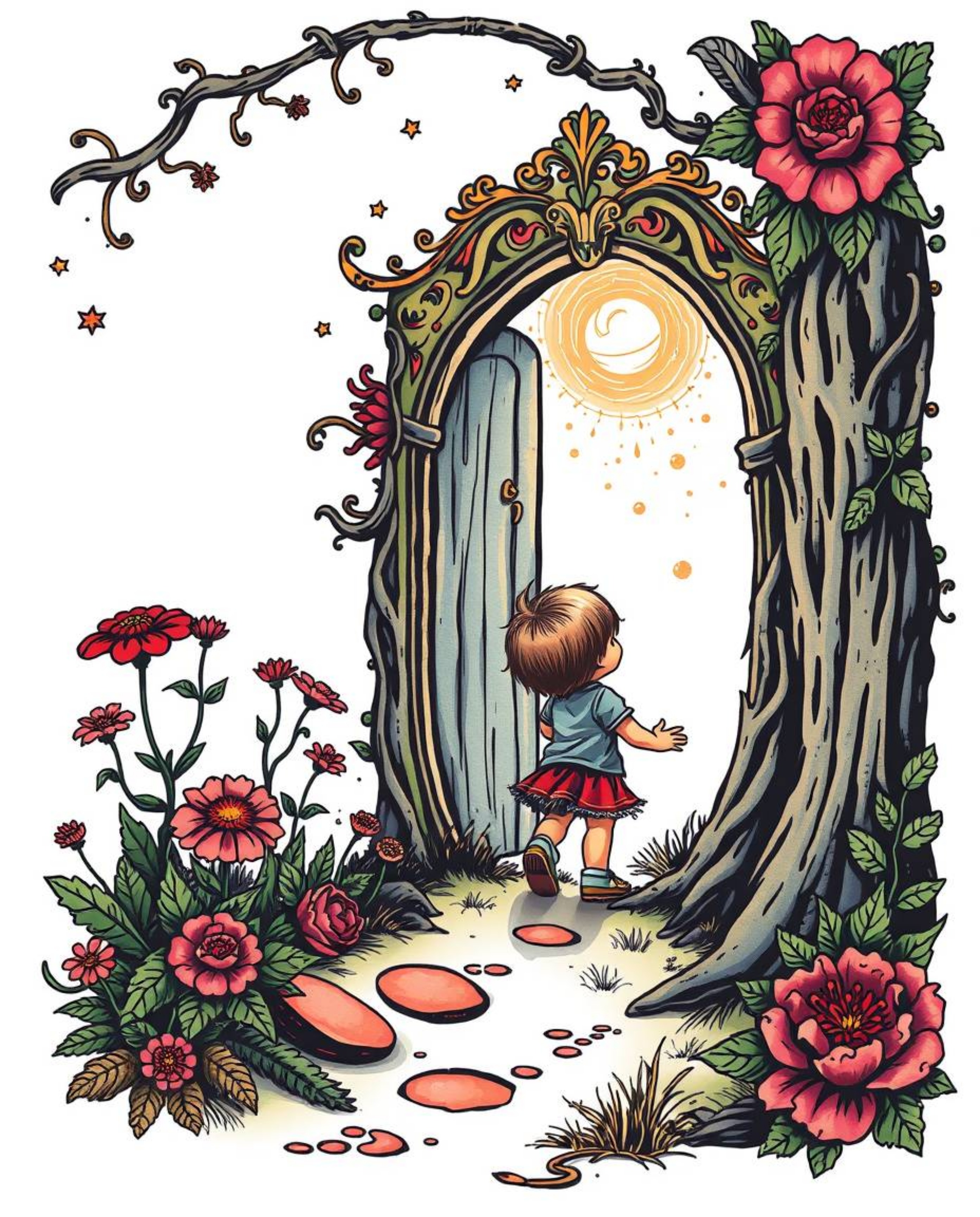 A vibrant, traditional tattoo-style print showcases a child's enchanting discovery: a magical portal hidden in their backyard