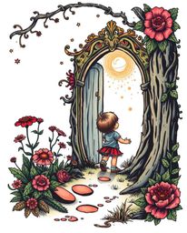 A vibrant, traditional tattoo-style print showcases a child's enchanting discovery: a magical portal hidden in their backyard