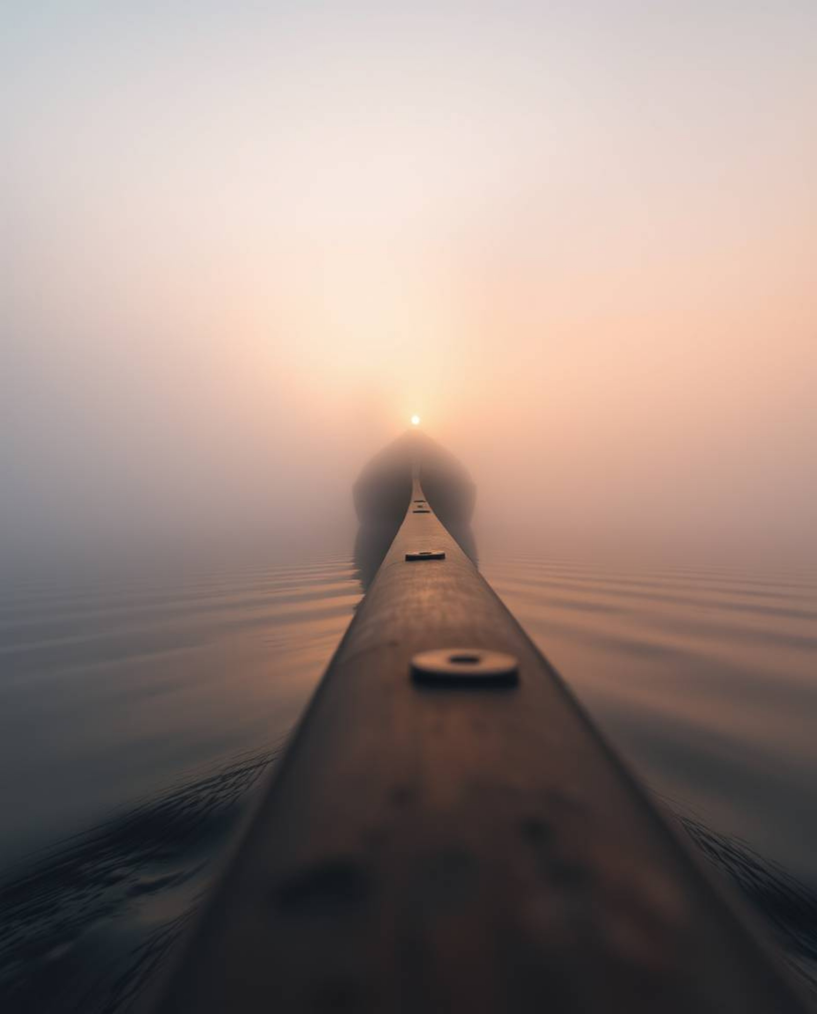 This is an extreme macro close-up of a boat drifting on a lake at sunset. The entire scene is shrouded in thick fog, which em
