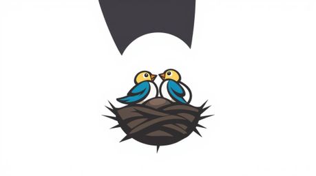 A low-angle perspective logo design showcasing two cartoon birds collaboratively building a nest. Executed in a classic anima
