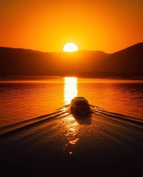 A boat drifts on a lake at sunset, in a scene rendered with strong, hard light that creates harsh, defined shadows. This give