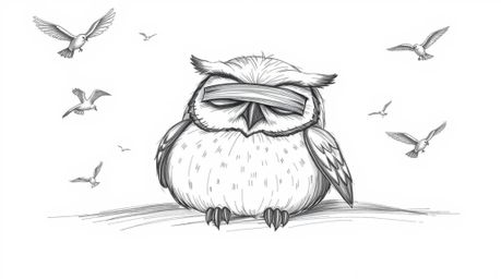 A serene scene depicts a hand-drawn sketch of a blind owl, reminiscent of Pixar animation, resting peacefully against a white