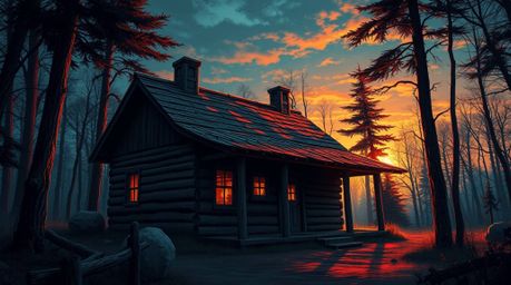 A digitally painted image depicting an old wooden cabin nestled deep within the woods at sunset.  The artwork features bright