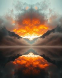 A cinematic split-screen image depicts the reflections of fiery clouds in a mountain lake. The composition is characterized b