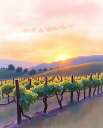 This soft pastel painting beautifully captures a tranquil sunset over a vineyard. The artist utilizes a palette of gentle and