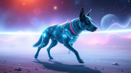 Explore a futuristic sci-fi world with an ethereal spiritual vibe, featuring a futuristic dog walking in space. This artwork 