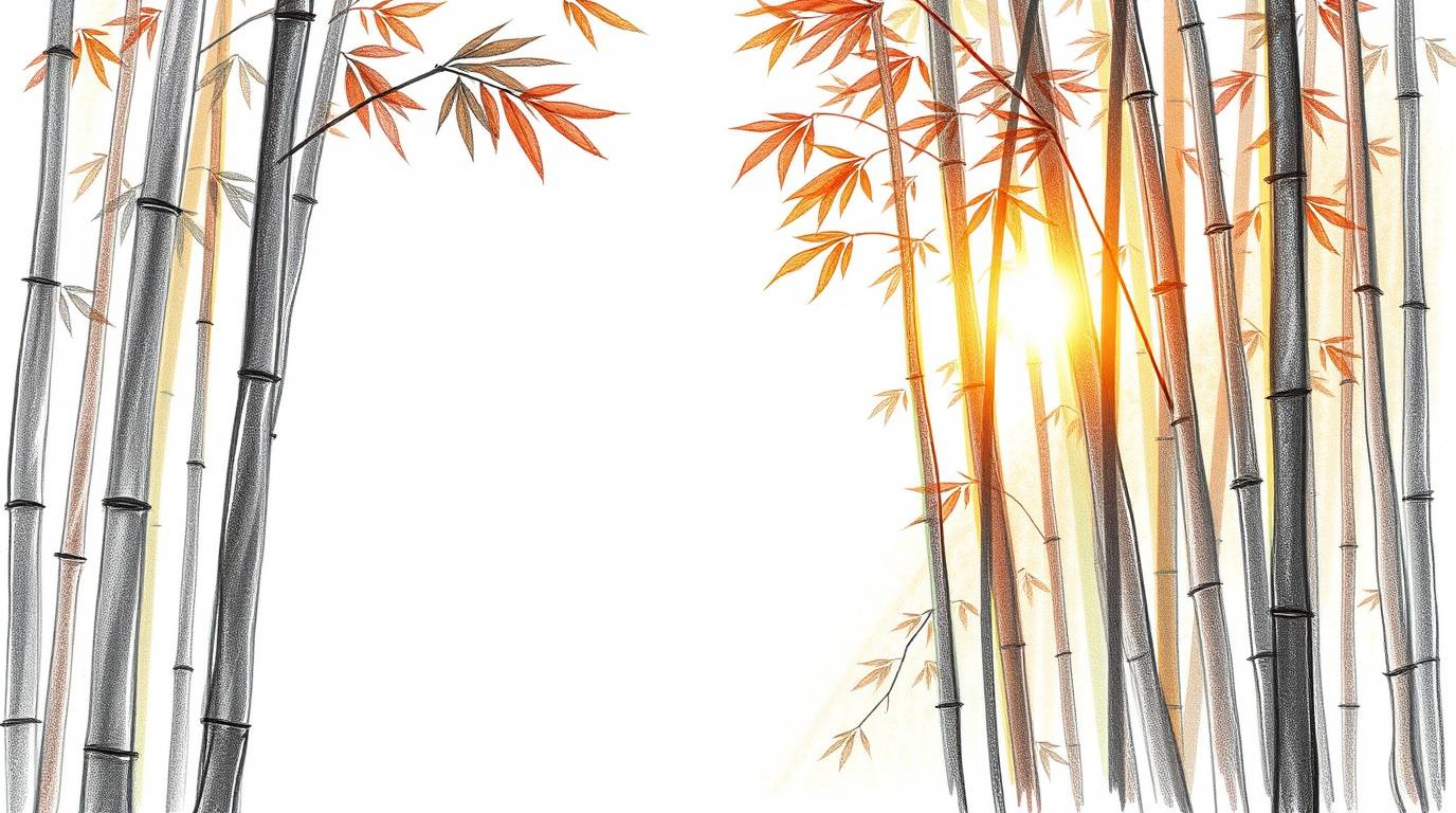 A captivating hand-drawn sketch of a bamboo forest, immersed in the golden warmth of a sunset. The artwork utilizes a palette