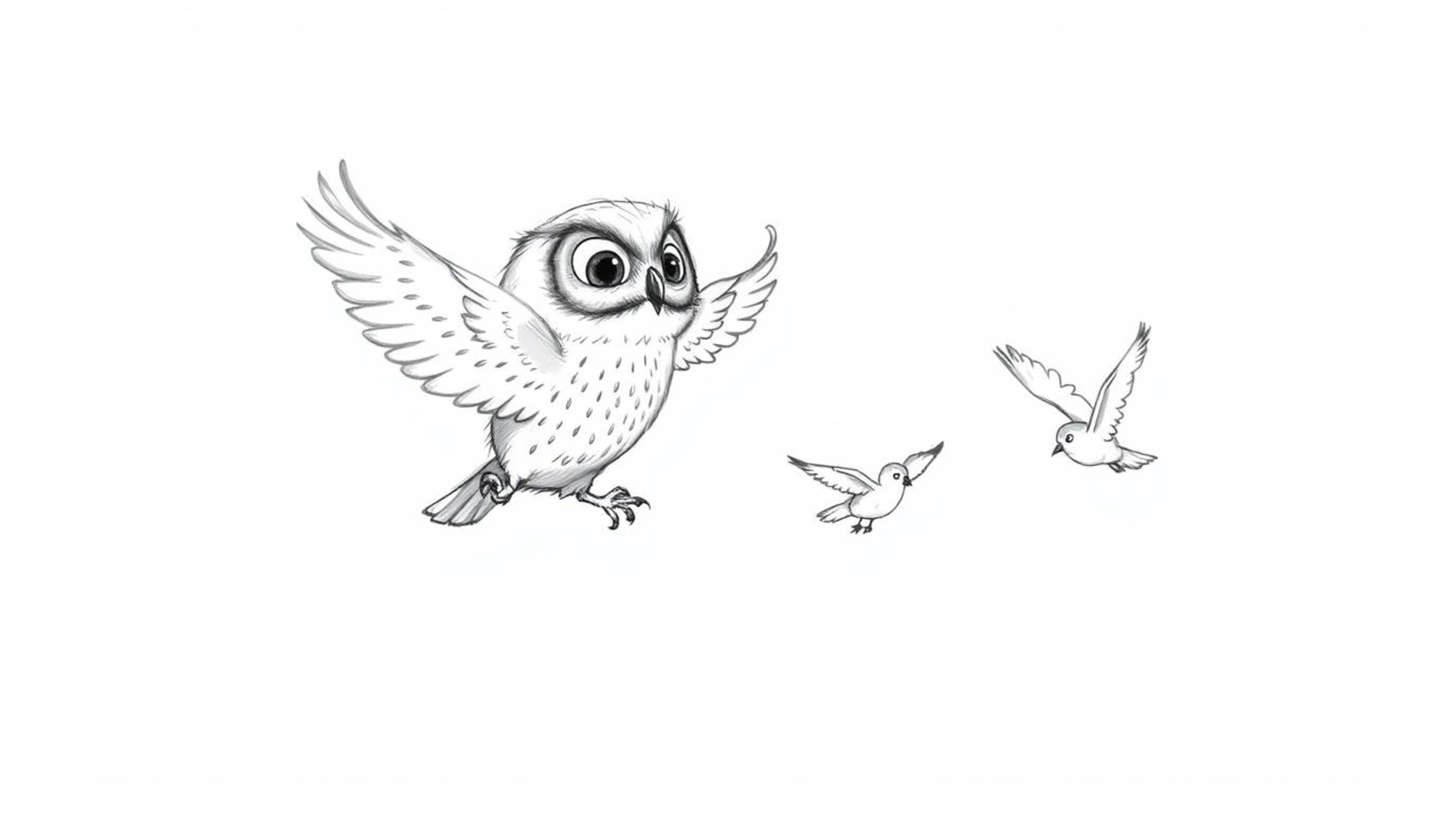 A heart-warming hand-drawn sketch in the style of Pixar features a blind owl with soft pencil strokes, guiding birds in fligh