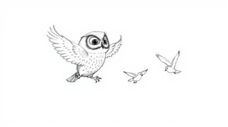 A heart-warming hand-drawn sketch in the style of Pixar features a blind owl with soft pencil strokes, guiding birds in fligh