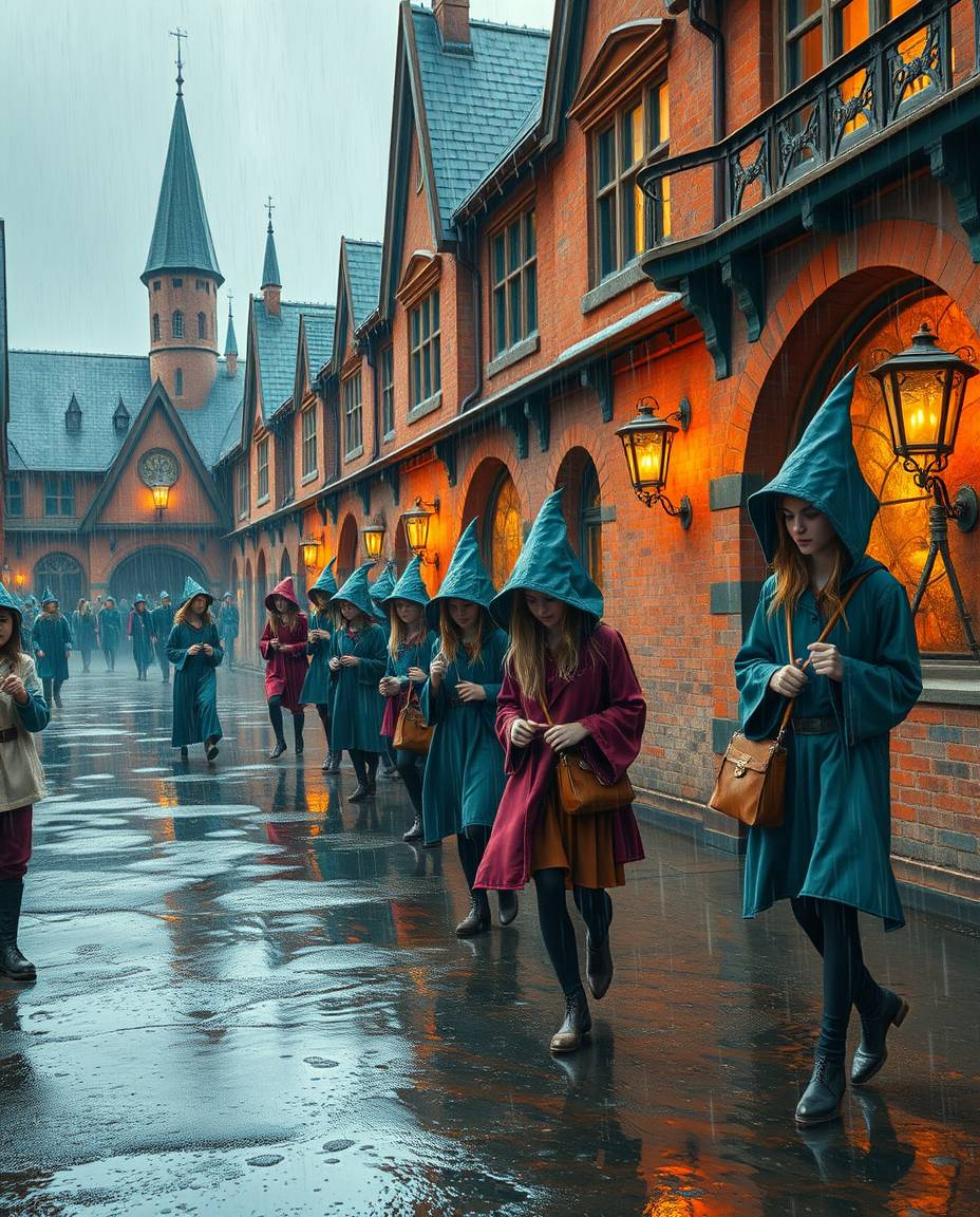 Immerse yourself in a captivating rainy scene depicting a magical school brimming with young wizards. The artwork masterfully