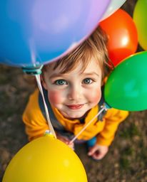 A captivating bird's-eye view photograph showcases a child with bright, expressive features and rosy cheeks joyfully holding 