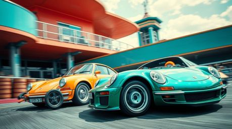 Experience dynamic and precise architectural color photography featuring a wacky racing scene with outlandish cars. This seri