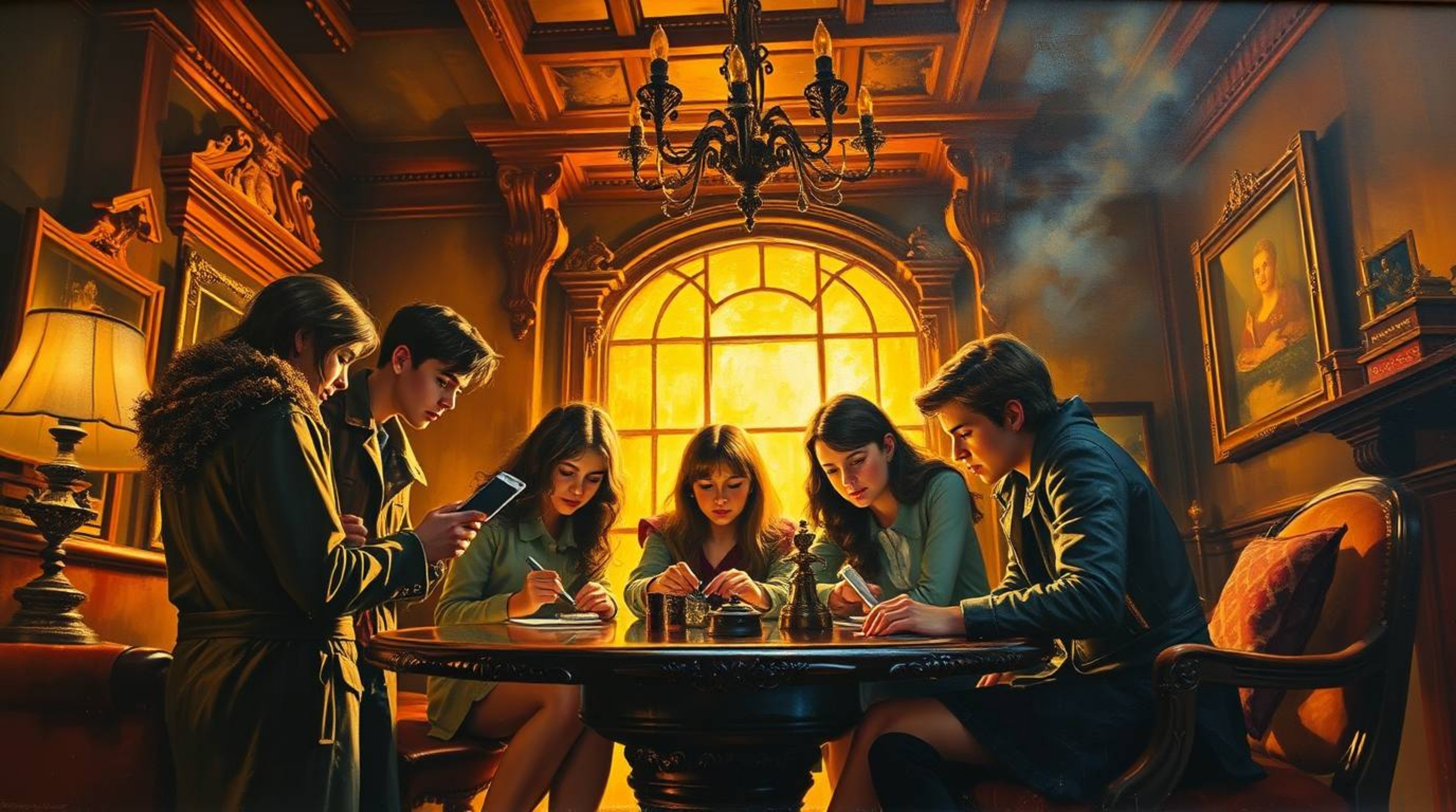 A captivating classic oil painting depicts a group of teenagers unraveling mysteries within a warm, golden-lit haunted mansio