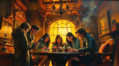 A captivating classic oil painting depicts a group of teenagers unraveling mysteries within a warm, golden-lit haunted mansio