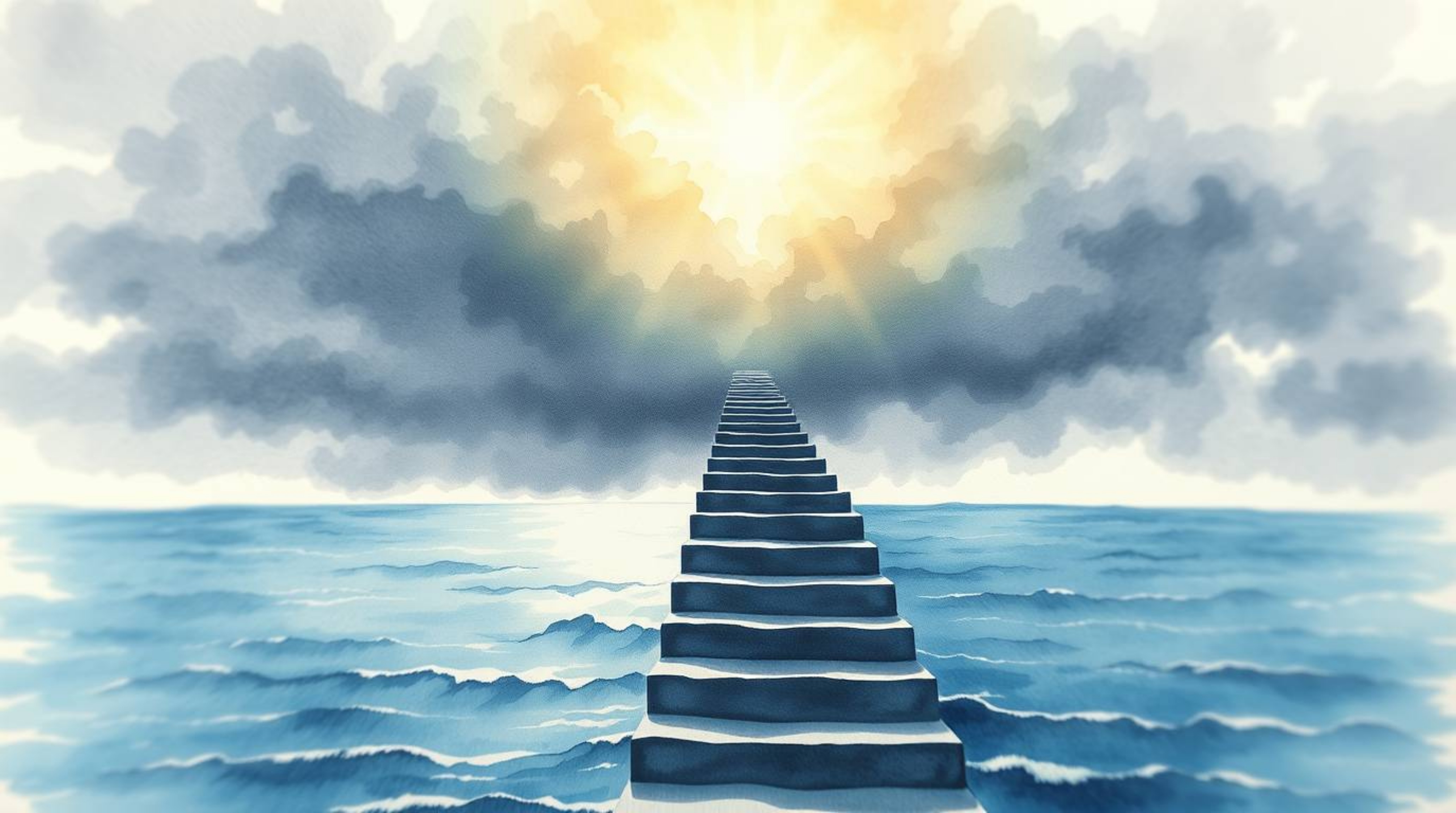 This delicate watercolor painting depicts a dramatic staircase rising from the ocean towards a stormy sky, illuminated by a d