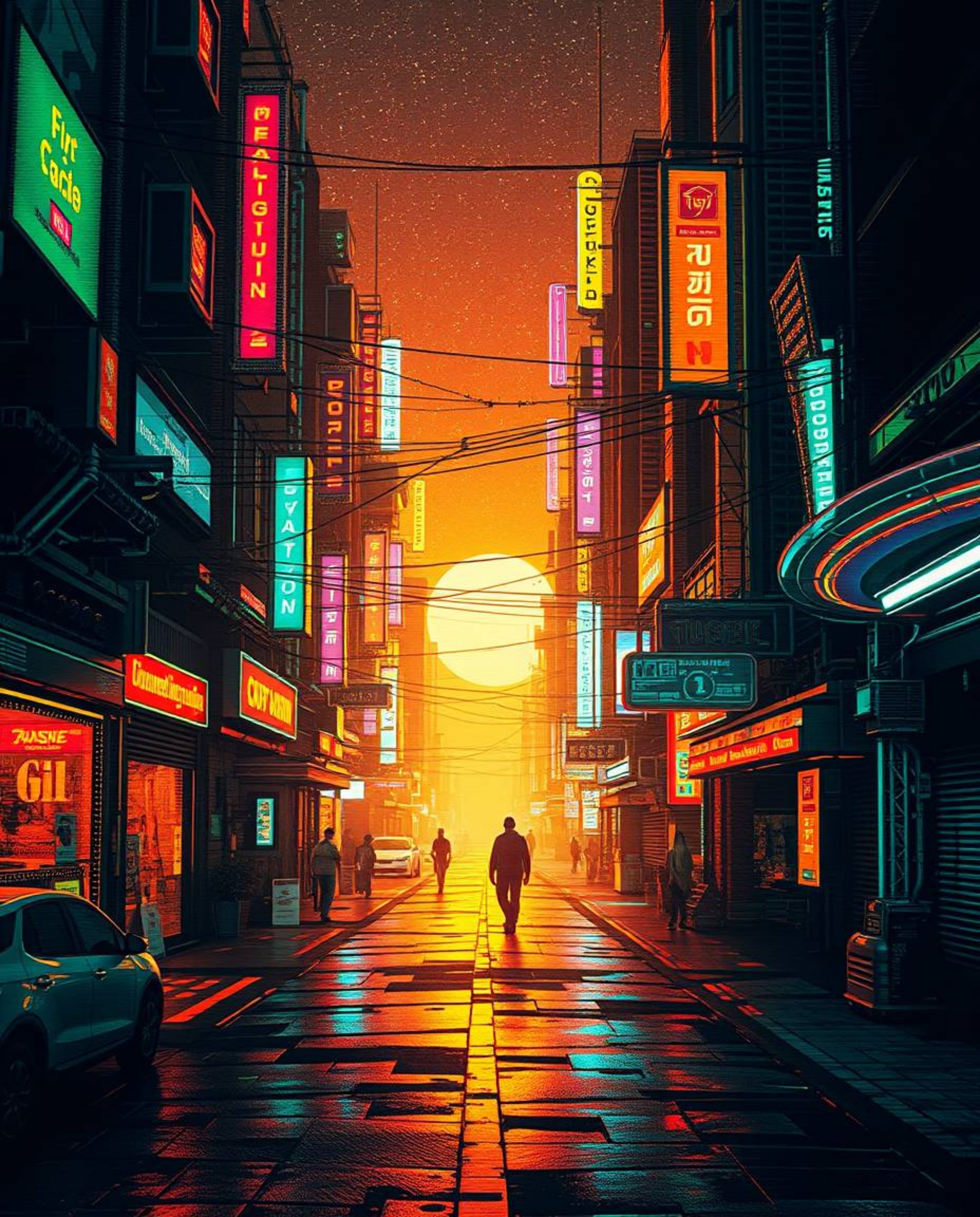 A captivating pixelated glitch image depicting a cyberpunk street bathed in warm golden hour light and neon haze.  This futur