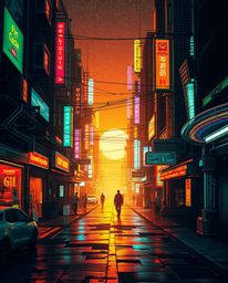 A captivating pixelated glitch image depicting a cyberpunk street bathed in warm golden hour light and neon haze.  This futur