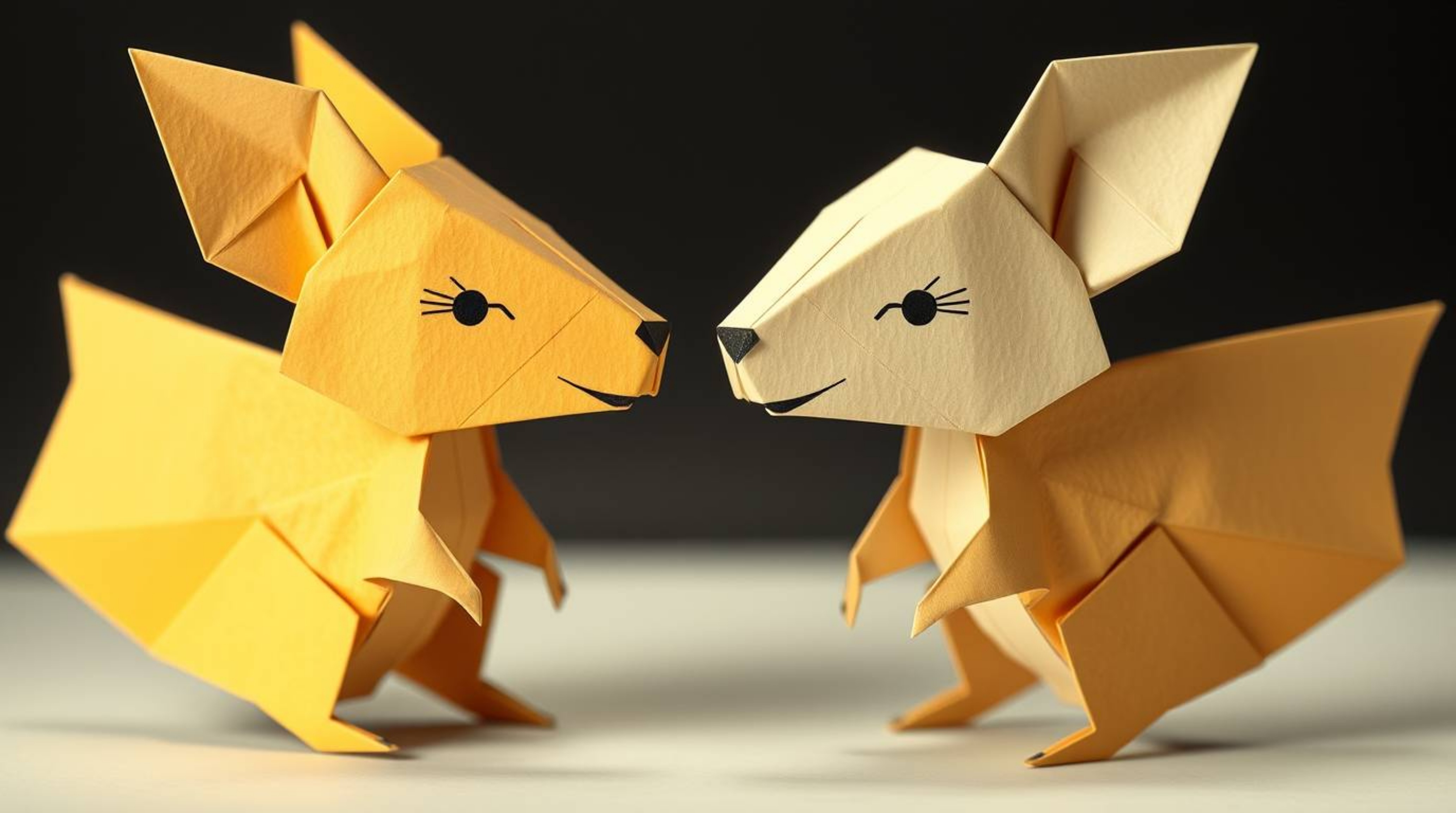 Discover a captivating image featuring two mischievous talking animals crafted in an intricate origami style.  This visually 