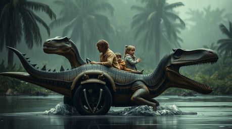 Experience a strong, moody depiction of a prehistoric family riding a dinosaur car through a wet, rainy landscape.  The drizz