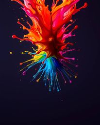 A vibrant and energetic paint splash, frozen mid-air by high-speed photography, creates a surreal and dramatic effect.  The c