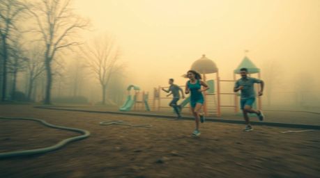 Experience a dramatic slow-motion run through a playground, captured in a cinematic style with soft focus.  The warm terracot