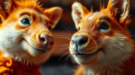 A captivating close-up photograph showcases two mischievous talking animals, brimming with personality.  Dominated by rich re
