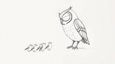 A charming hand-drawn sketch in the style of Pixar depicts a wise, blind owl with ruffled feathers imparting flight lessons t