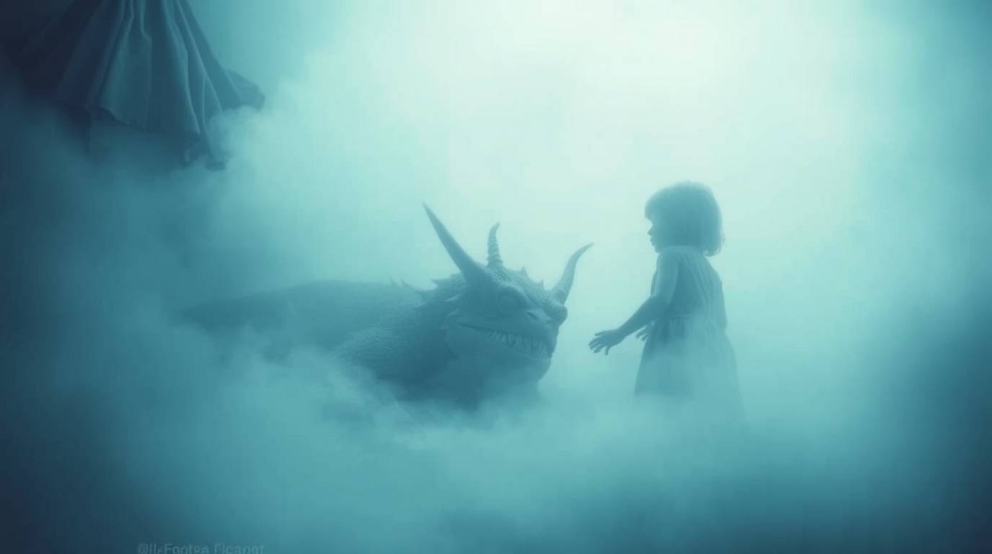 A surreal and dreamlike scene unfolds in thick fog, where a monster lurking under a bed unexpectedly befriends a child. This 