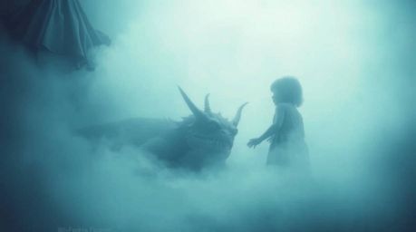 A surreal and dreamlike scene unfolds in thick fog, where a monster lurking under a bed unexpectedly befriends a child. This 