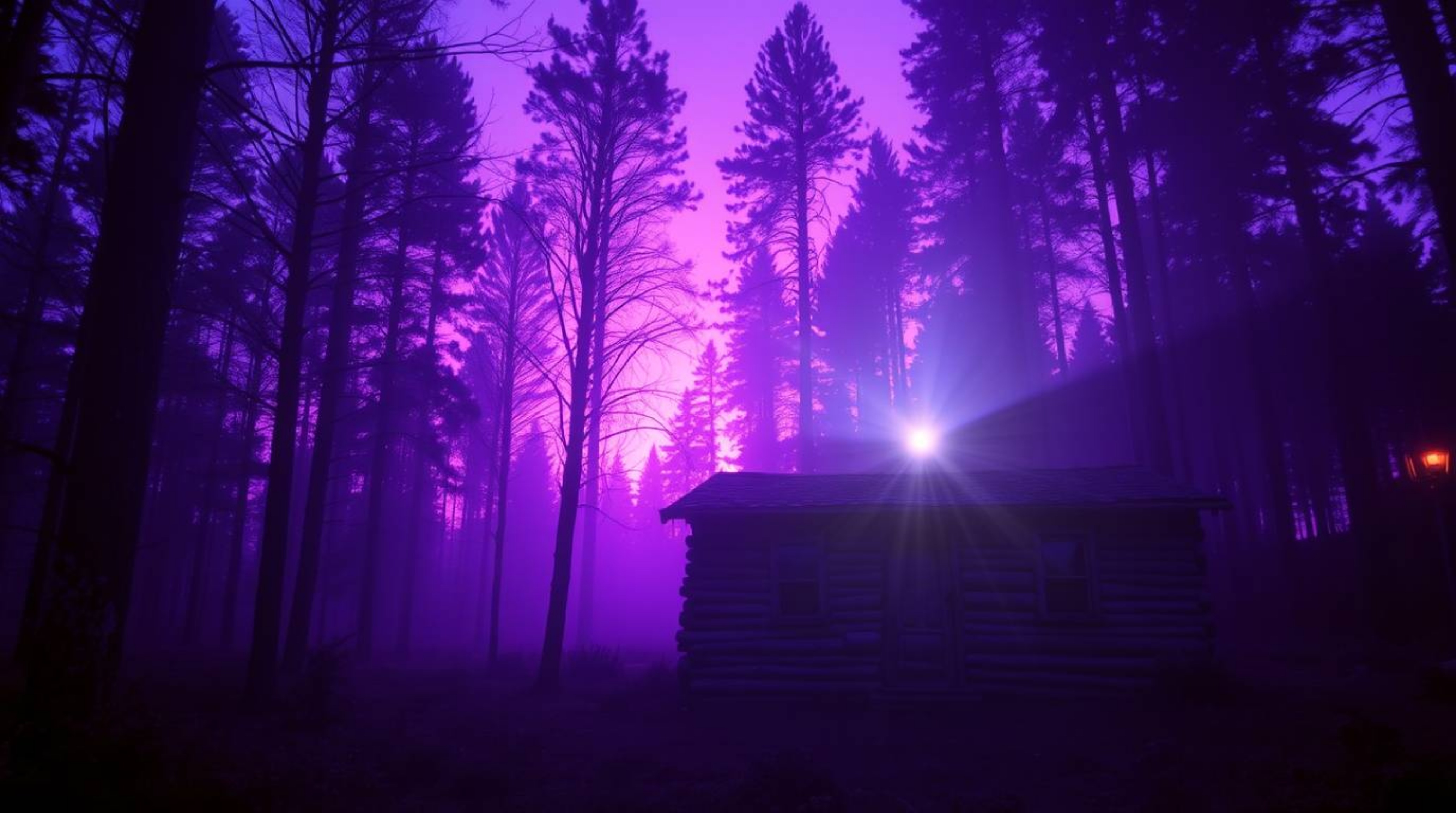 Experience an ethereal spiritual vibe with deep ultraviolet hues, capturing the mystical feeling of an old wooden cabin in th