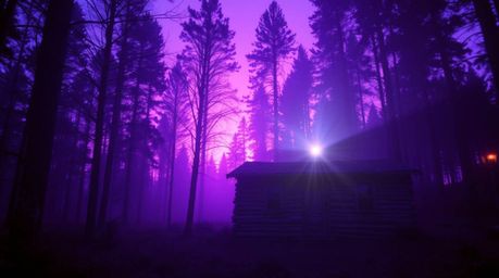 Experience an ethereal spiritual vibe with deep ultraviolet hues, capturing the mystical feeling of an old wooden cabin in th