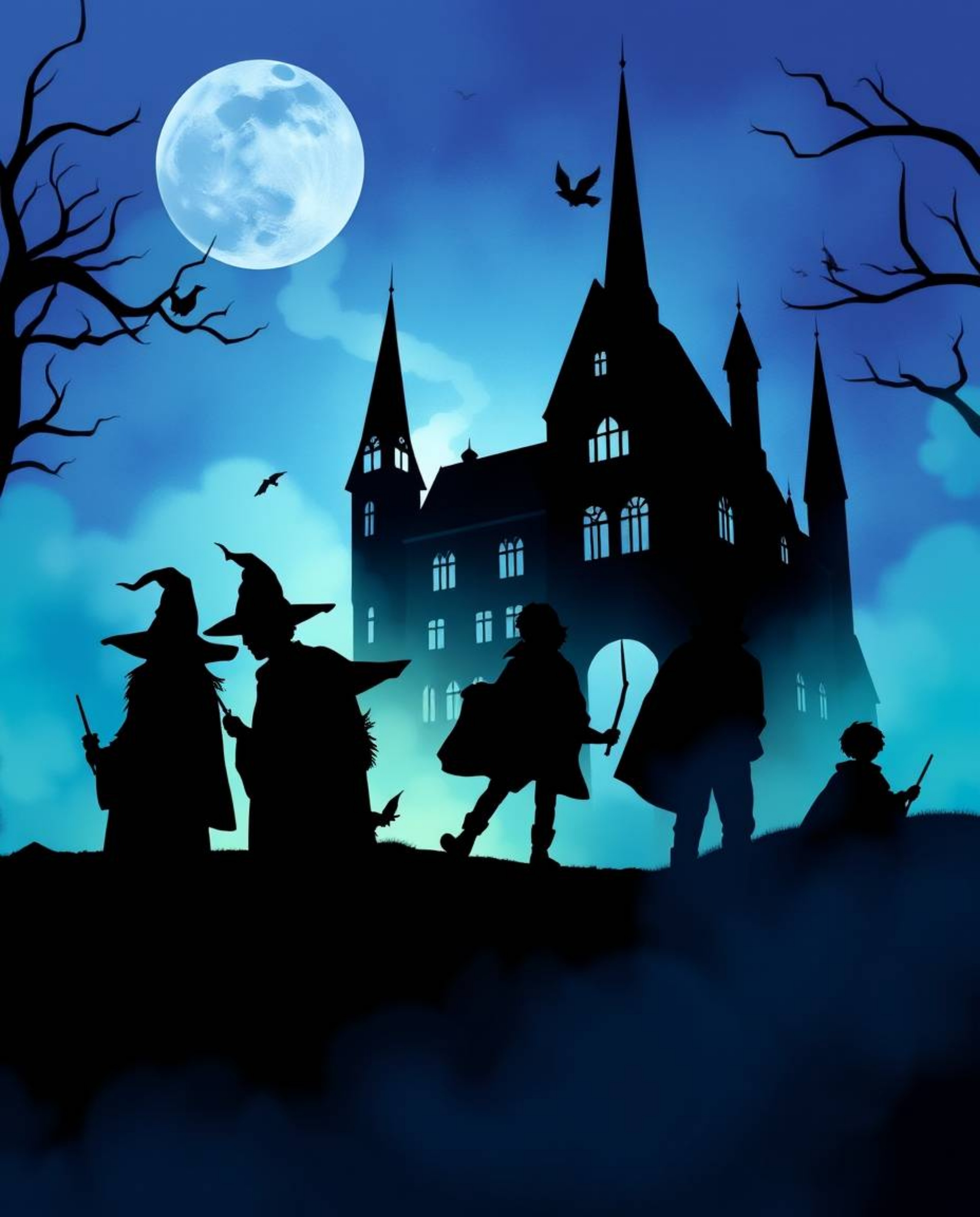 Explore a silhouetted magical school teeming with young wizards, bathed in a cool-toned palette of blues, greens, and purples