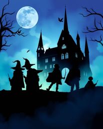 Explore a silhouetted magical school teeming with young wizards, bathed in a cool-toned palette of blues, greens, and purples