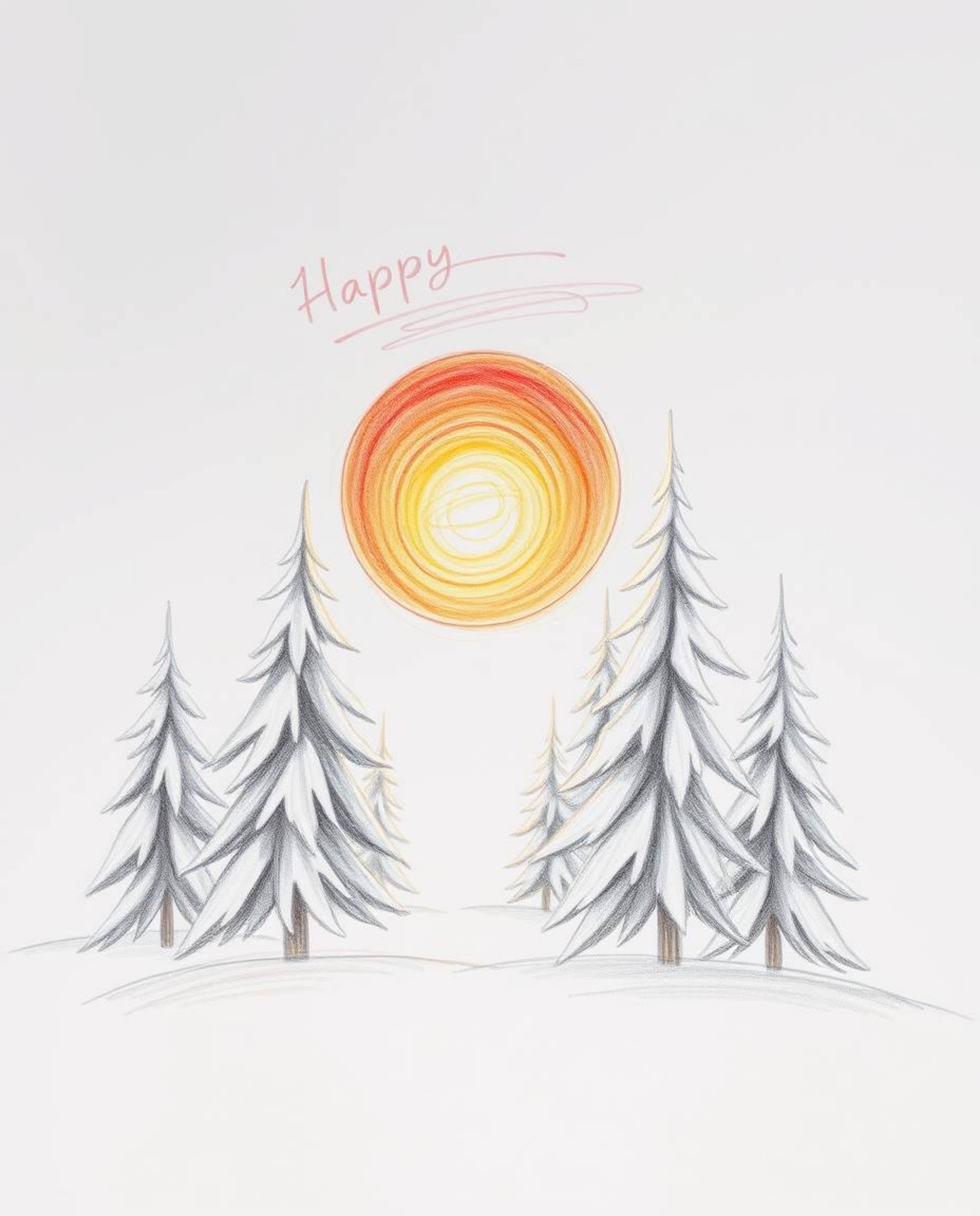 A hand-drawn sketch depicts a mystical sunset illuminating snowy pine trees. Rendered in rough, textured pencil strokes with 