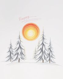 A hand-drawn sketch depicts a mystical sunset illuminating snowy pine trees. Rendered in rough, textured pencil strokes with 