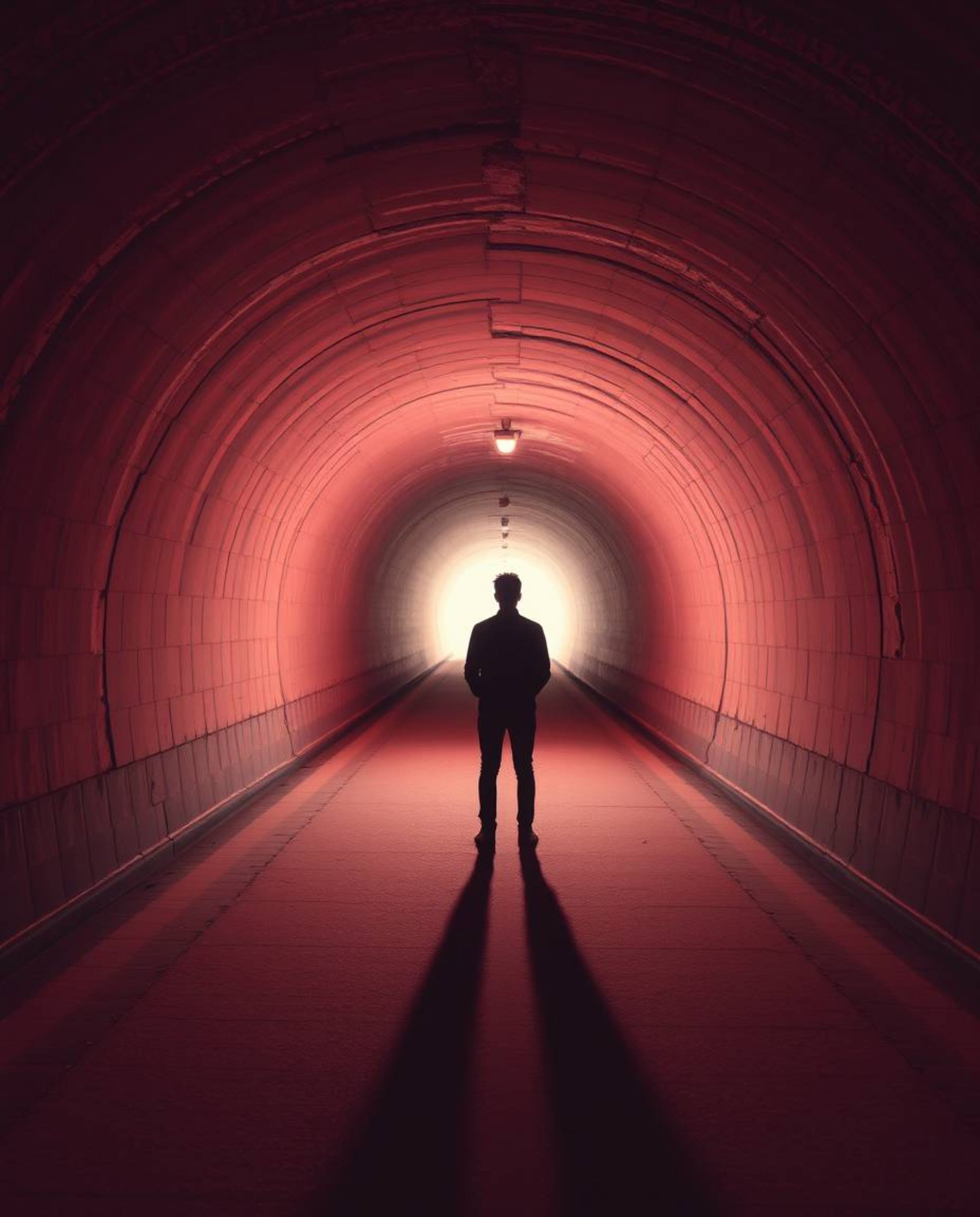 A captivating surreal infrared photograph depicts a person standing at the edge of a tunnel, gazing towards a radiant light. 