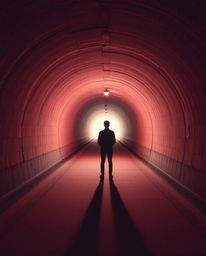 A captivating surreal infrared photograph depicts a person standing at the edge of a tunnel, gazing towards a radiant light. 