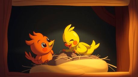 A captivating fine art photograph depicts two cartoon birds meticulously constructing a nest.  Rendered in a classic animatio