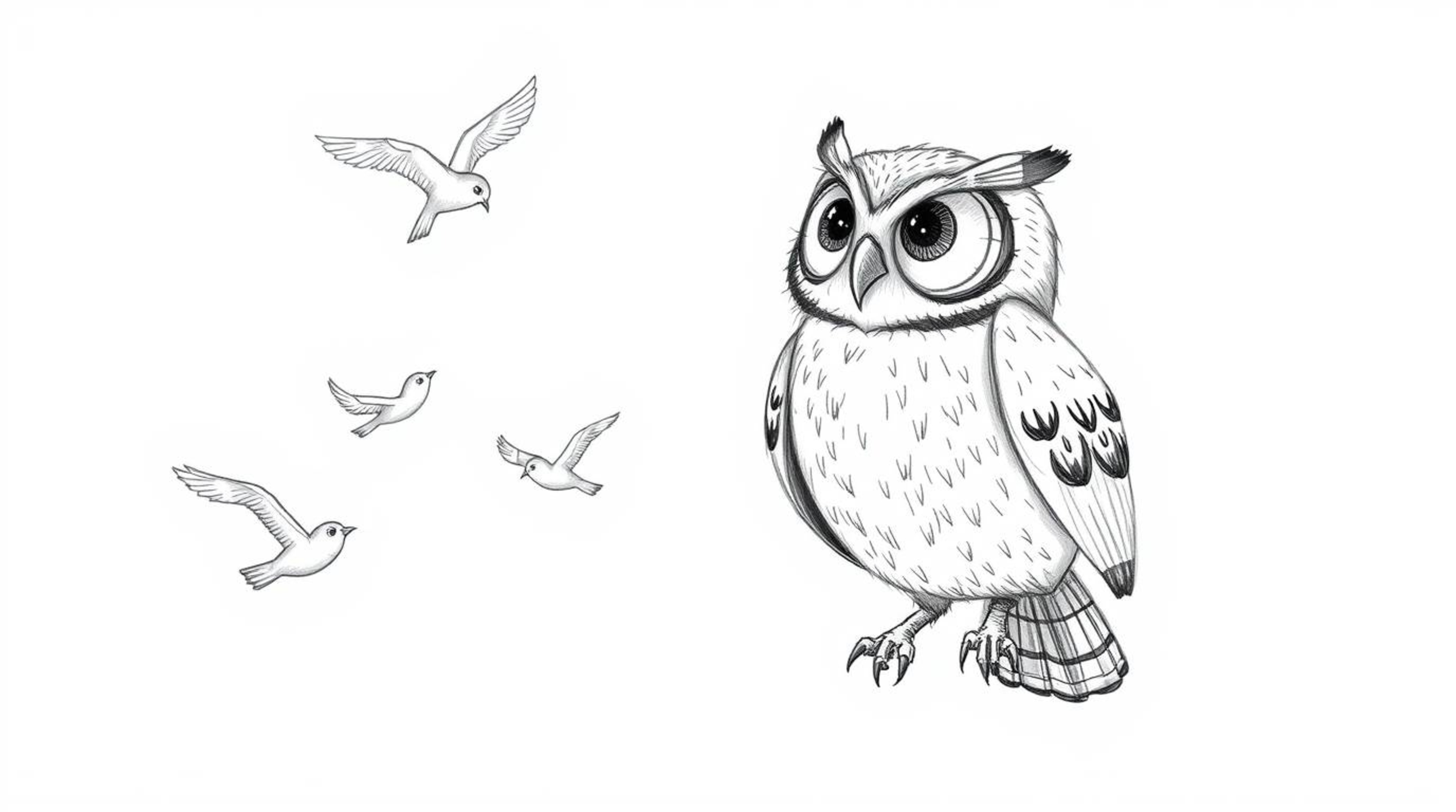 A heartwarming Pixar-style hand-drawn sketch depicts a blind owl, rendered with textured pencil strokes and rough lines, guid
