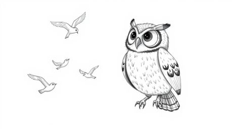 A heartwarming Pixar-style hand-drawn sketch depicts a blind owl, rendered with textured pencil strokes and rough lines, guid