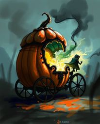 A dynamic digital sketch showcases a magical pumpkin transforming into a carriage. Loose, painterly strokes and rich texture