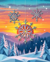 This intricate origami-style illustration captures geometric snowflakes falling against a vibrant sunset. The artwork is defi