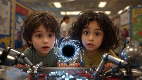 In a vibrant, cinematic photograph styled after Pixar, a science fair duo—a boy with messy brown hair and a girl with curly b