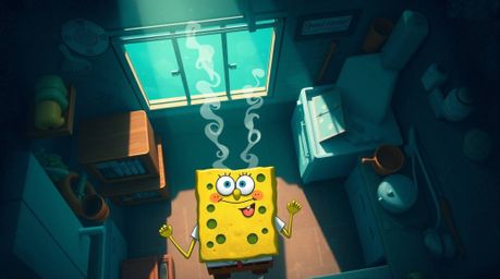 A whimsical animation depicting a cheerful sponge character passionately cooking in a vibrant underwater kitchen.  The scene 
